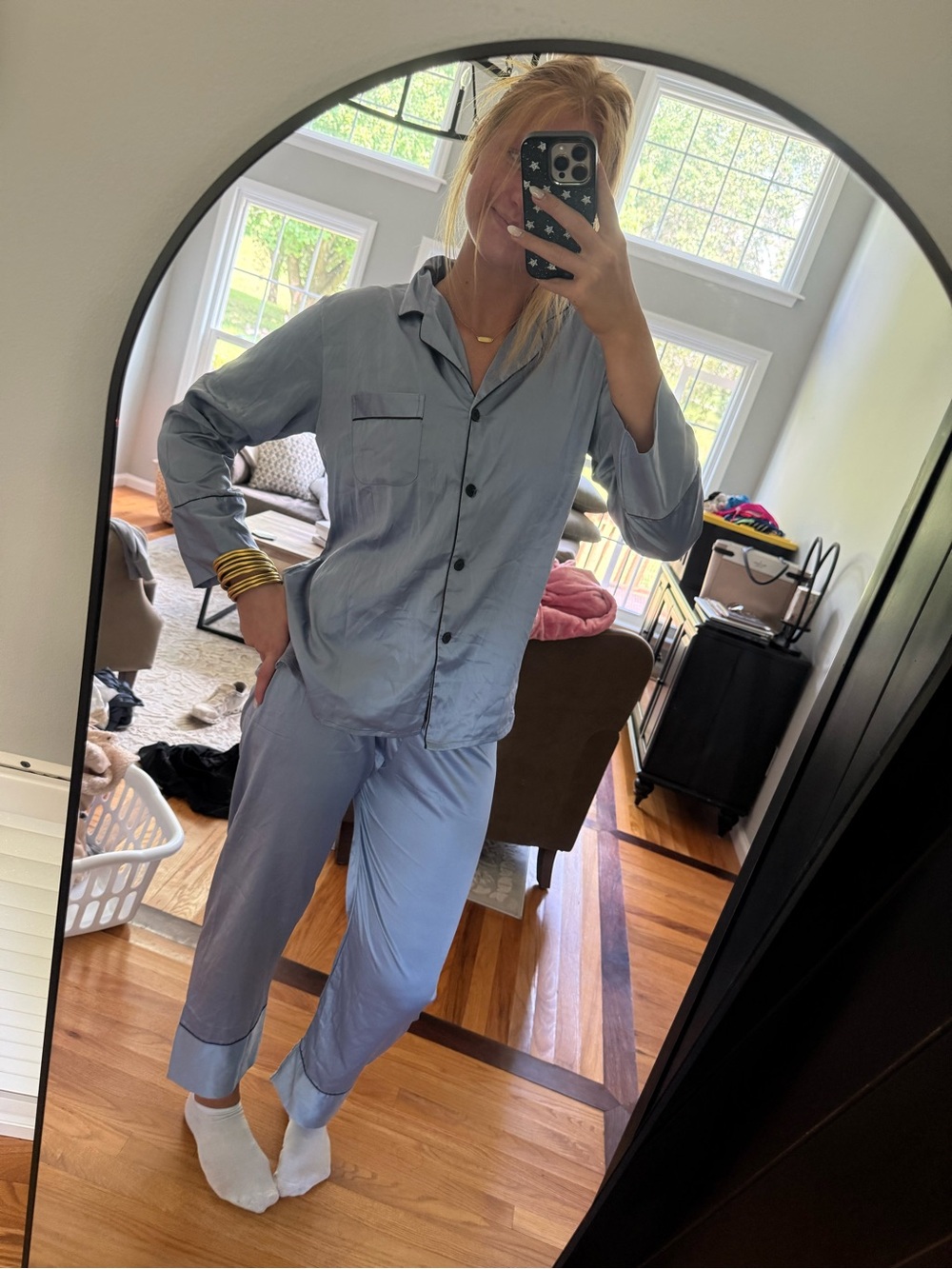 Silky Light Blue Women's Pajama Pants & Top Set